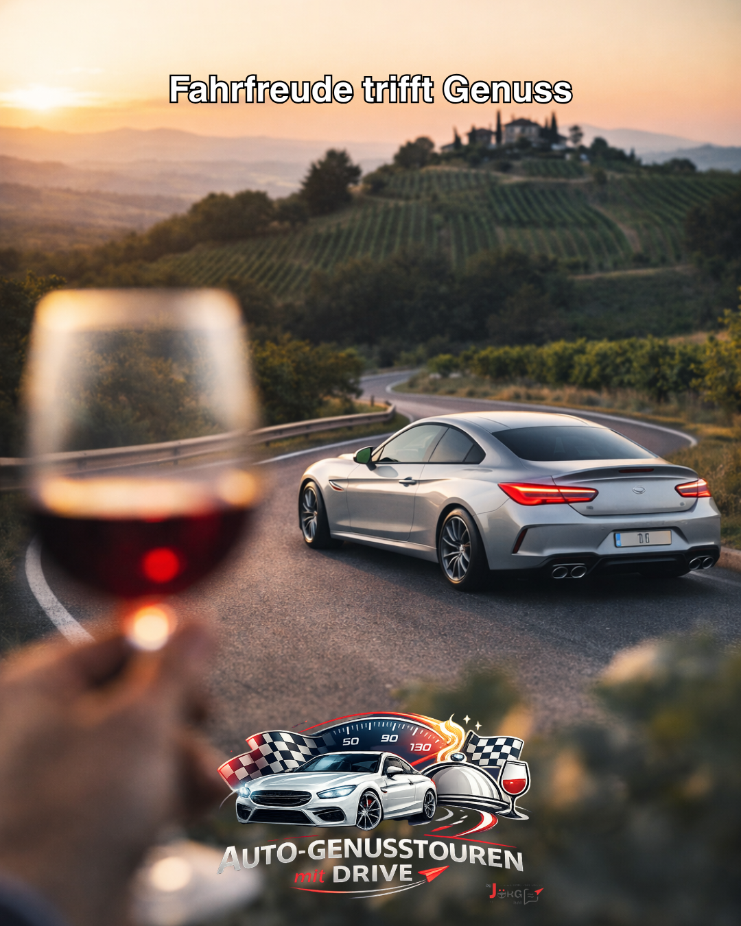 Fahrfreude trifft Genuss mit Fahrzeug, Wein und Weinlandschaft